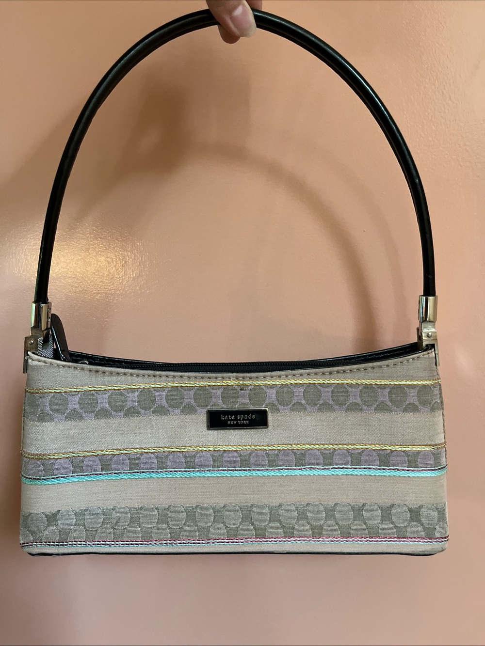 Vintage Y2K Kate Spade Baguette Zipper Shoulder Bag Striped Pastel